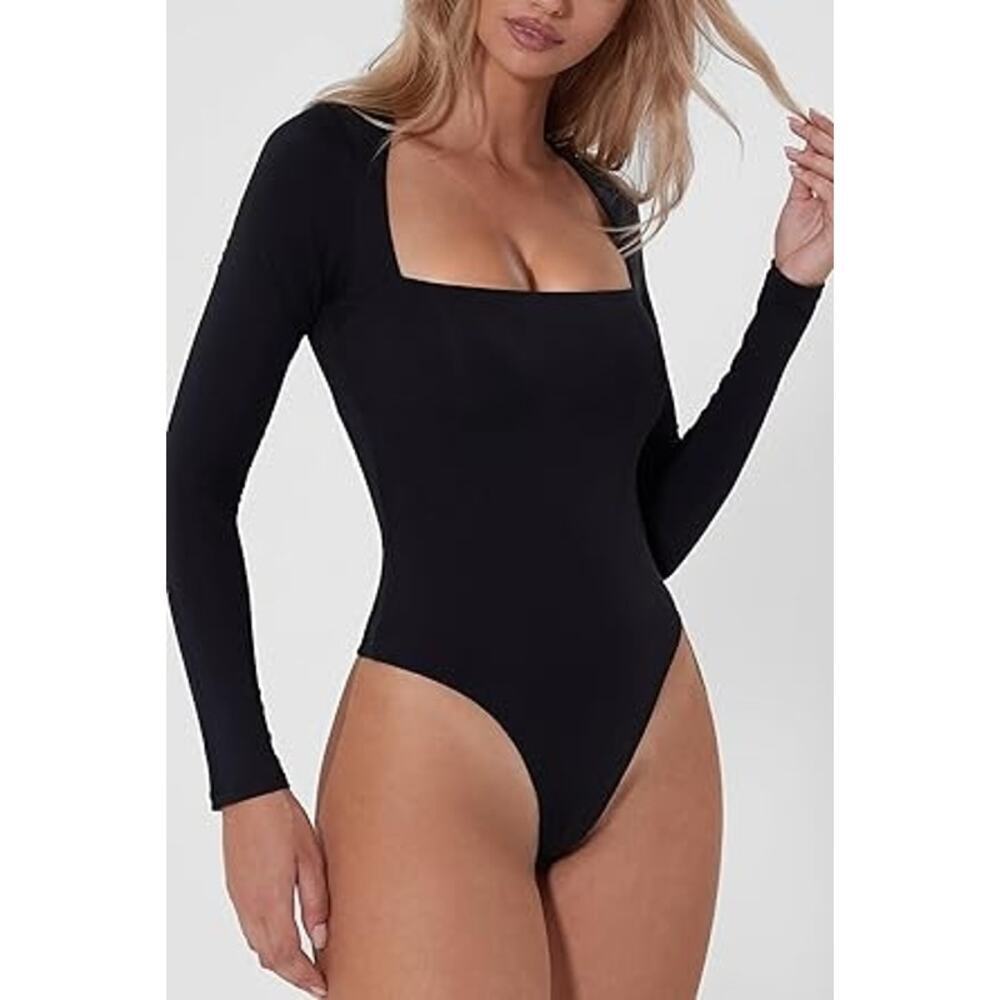 QINSEN Women's Sexy Square Neck One Piece Bodysuit Long Sleeve Size L NWT
